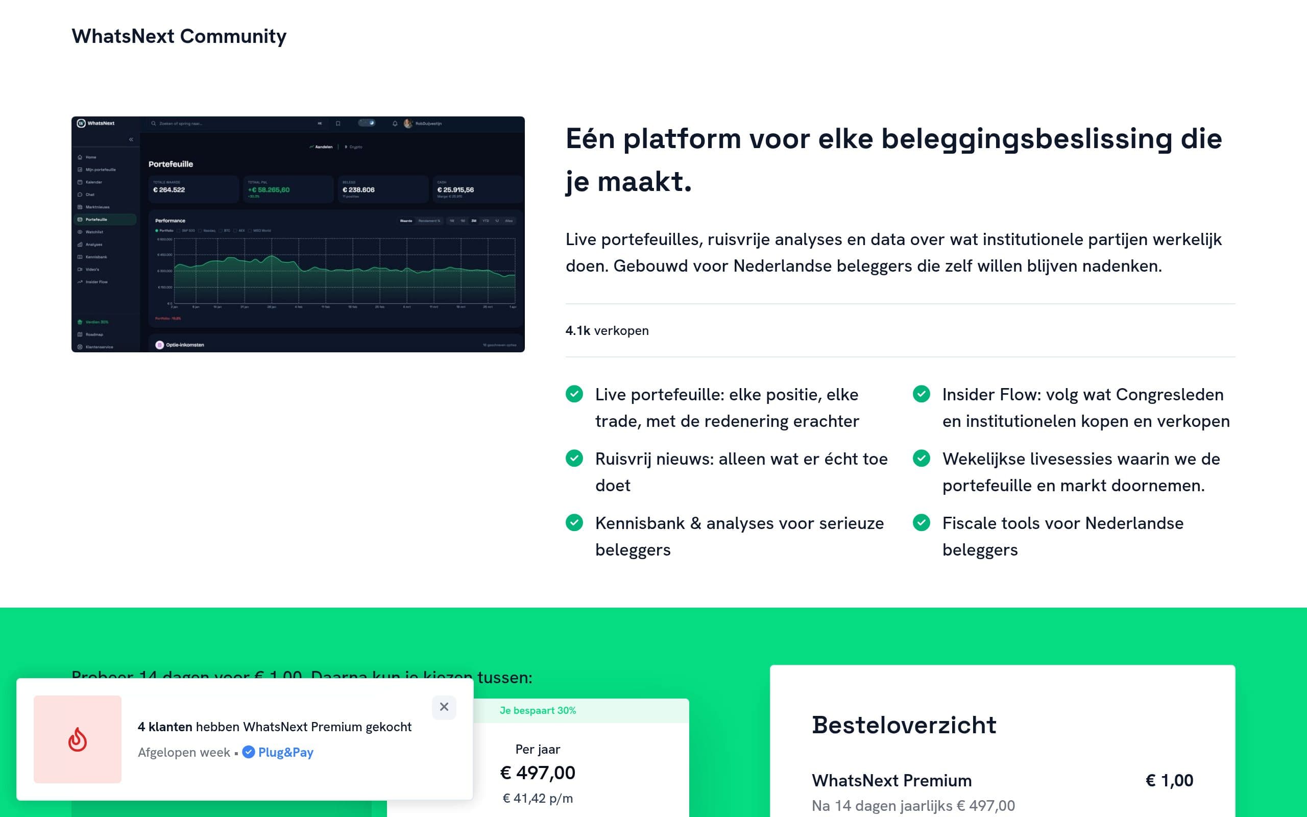 Screenshot van WhatsNext — beleggingscommunity
