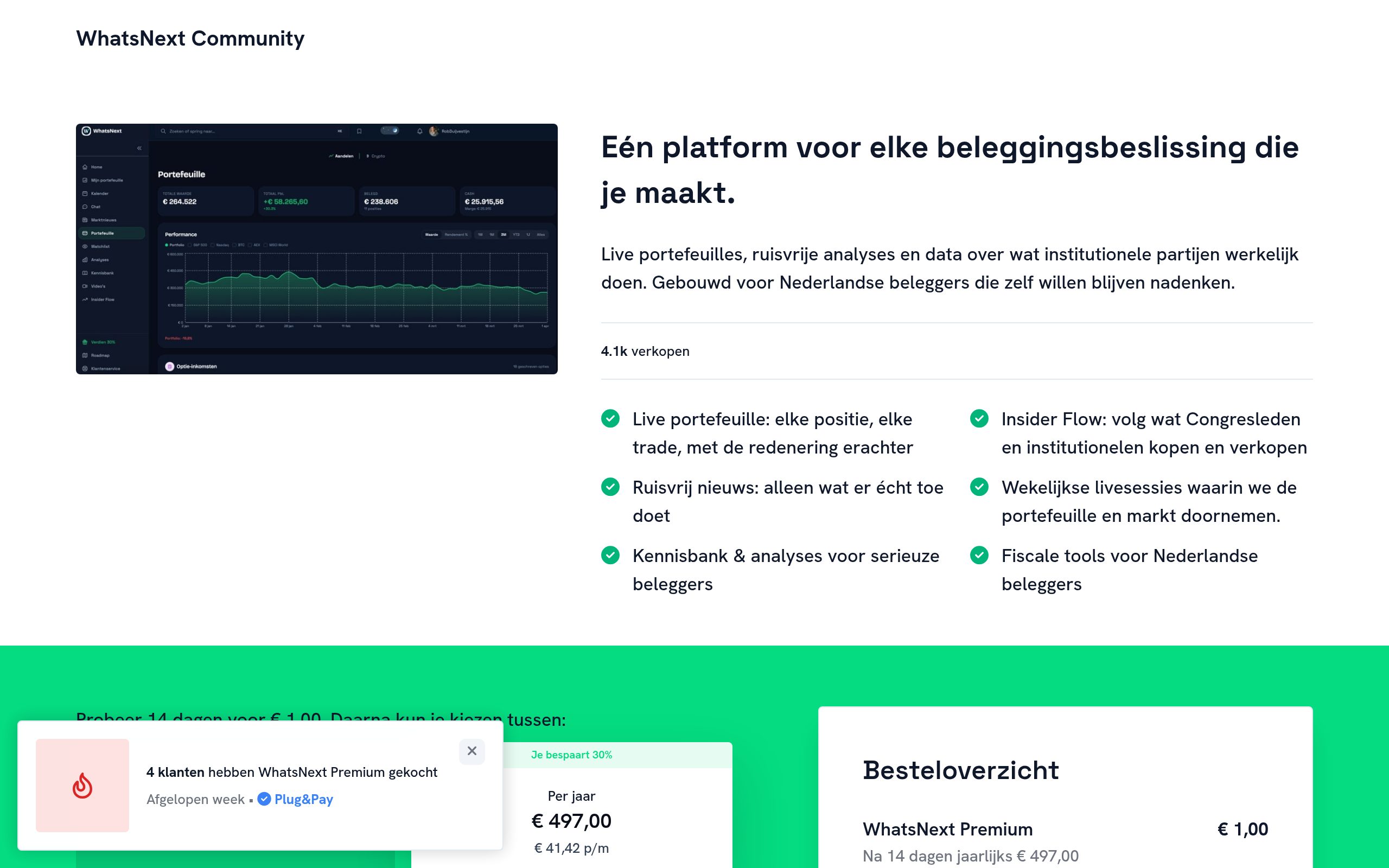 Screenshot van WhatsNext — beleggingscommunity